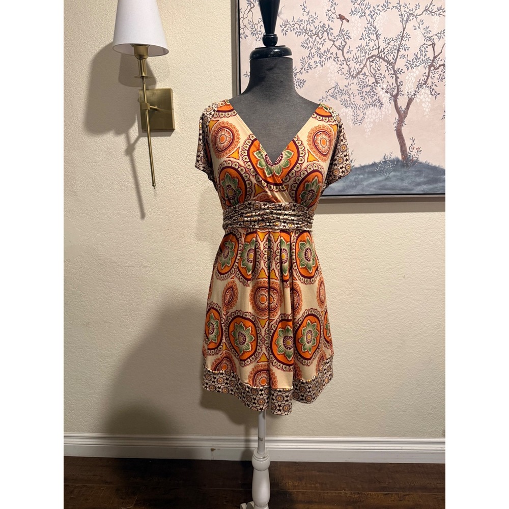 Boho Medallion Print V-Neck Empire Waist Mini Dress Orange Green Cream